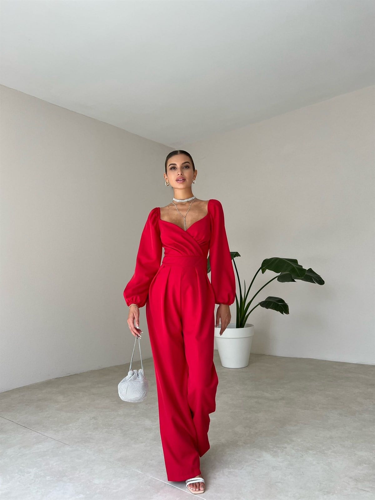 Kruvaze Yaka Uzun Kol Tulum - KIRMIZI