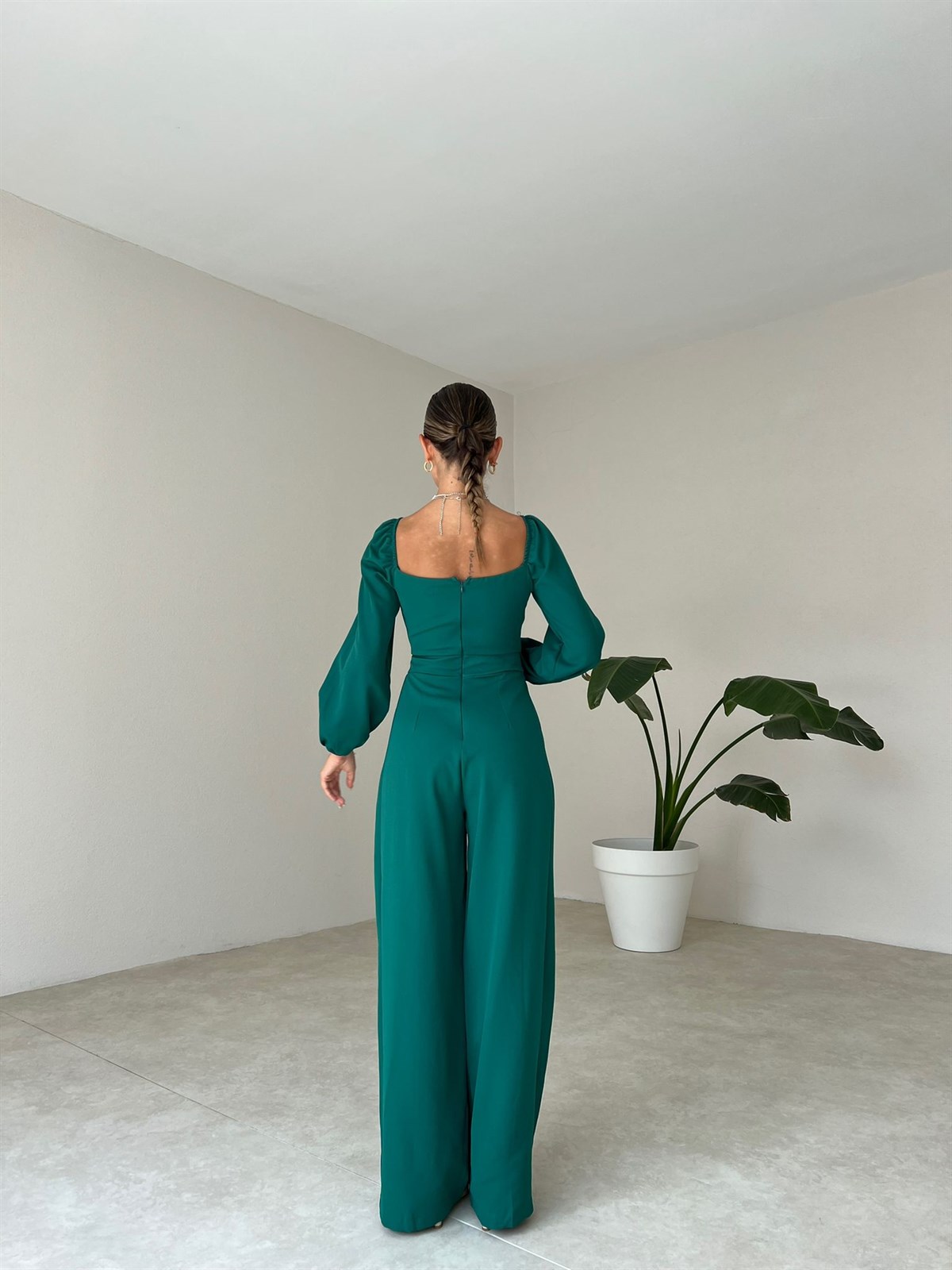 Kruvaze Yaka Uzun Kol Tulum - YEŞİL