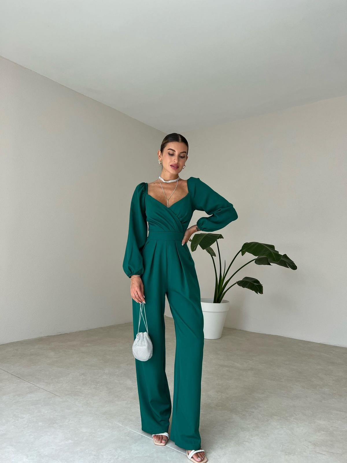 Kruvaze Yaka Uzun Kol Tulum - YEŞİL