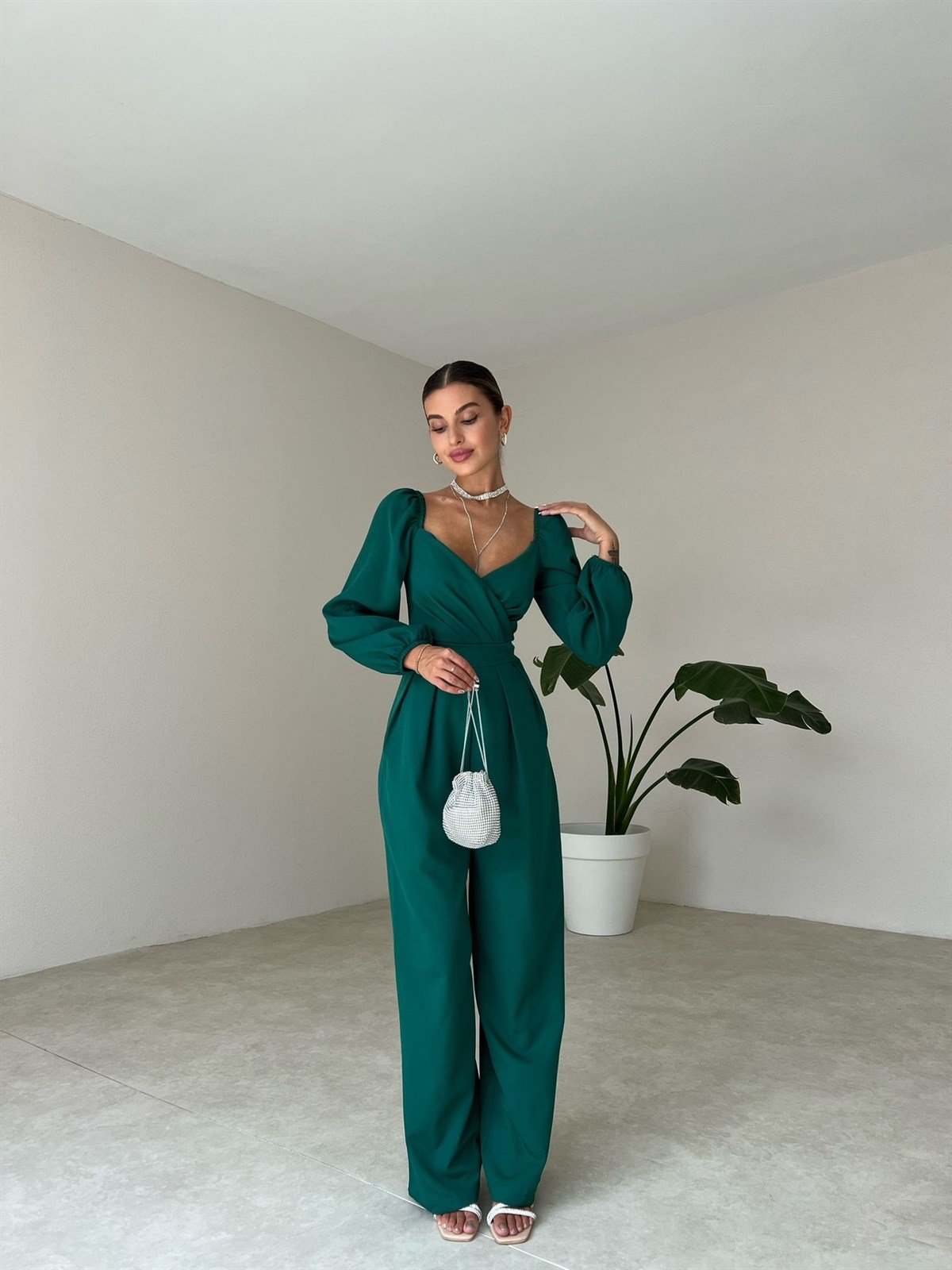 Kruvaze Yaka Uzun Kol Tulum - YEŞİL