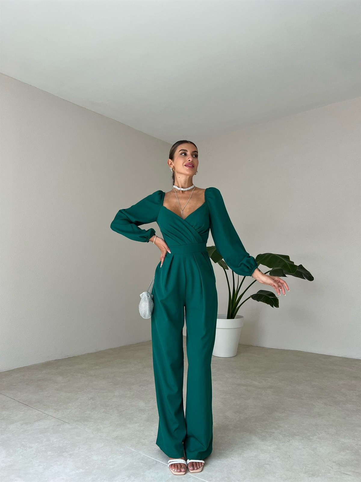 Kruvaze Yaka Uzun Kol Tulum - YEŞİL