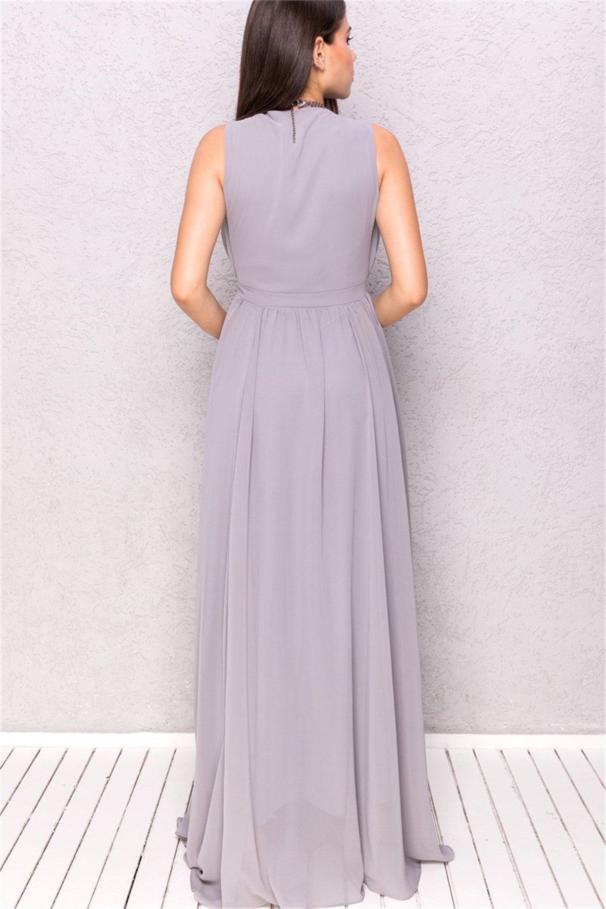 Kruvaze Yaka Uzun Şifon Abiye - GRİ