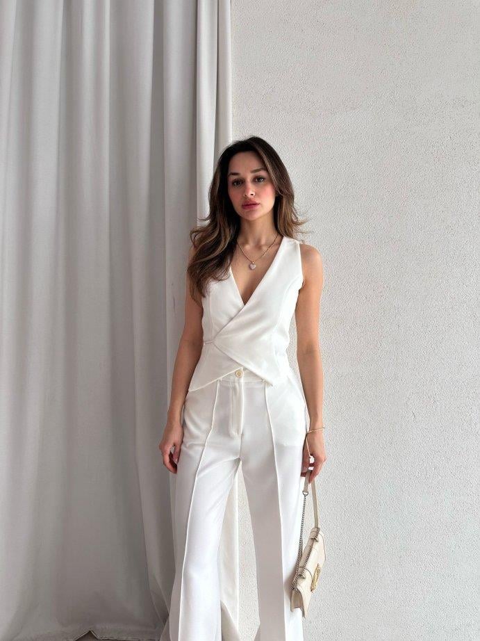 Kruvaze Yaka Yelek Bol Paça Pantolon İkili Takım - BEYAZ