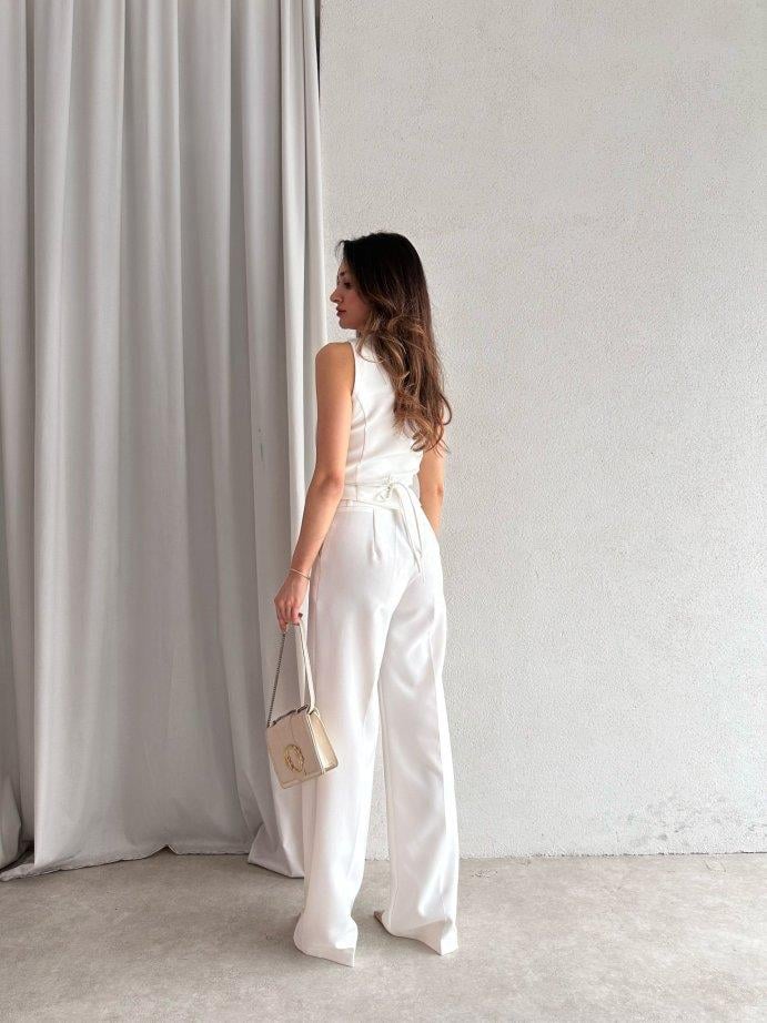 Kruvaze Yaka Yelek Bol Paça Pantolon İkili Takım - BEYAZ