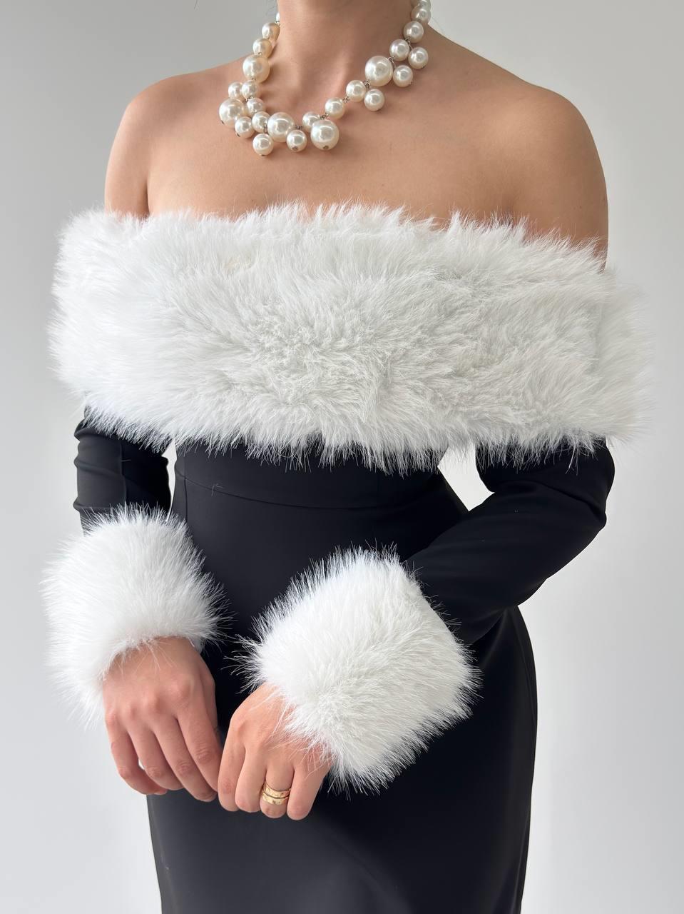 Kürklü Detay Straplez Mini Kadın Elbise – Siyah