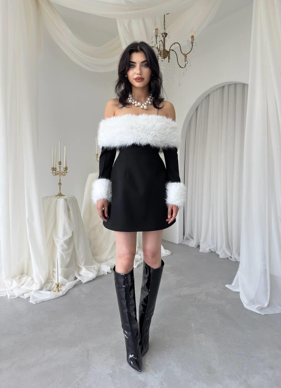 Kürklü Detay Straplez Mini Kadın Elbise – Siyah