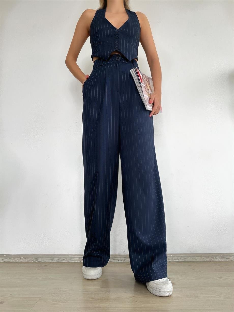 Lacivert Çizgili Straplez Yelek ve Pantolon Takım