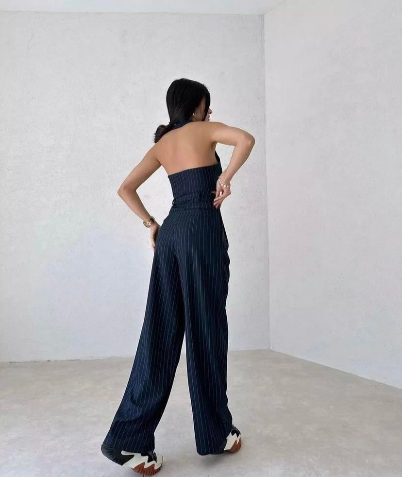 Lacivert Çizgili Straplez Yelek ve Pantolon Takım
