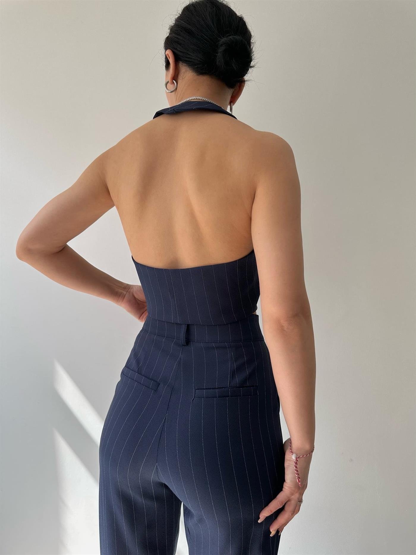 Lacivert Çizgili Straplez Yelek ve Pantolon Takım