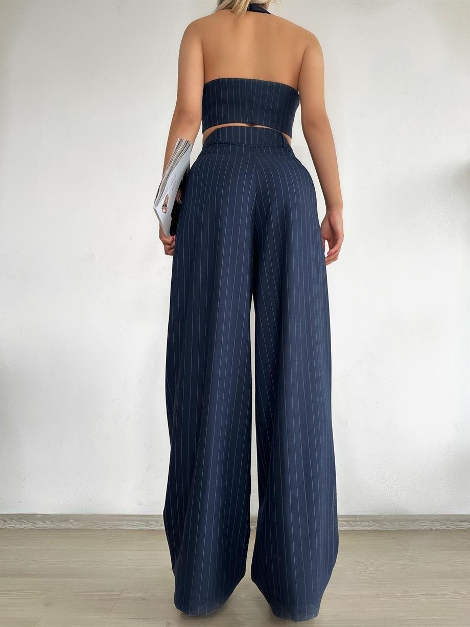 Lacivert Çizgili Straplez Yelek ve Pantolon Takım