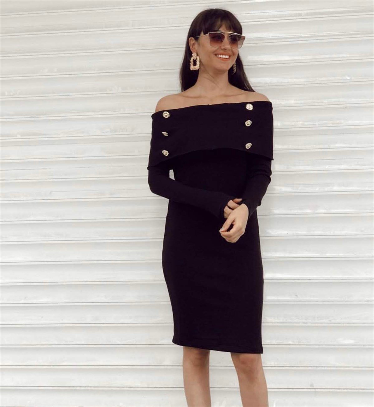 Madonna Yaka Düğme Detay Triko Kalem Elbise - Siyah