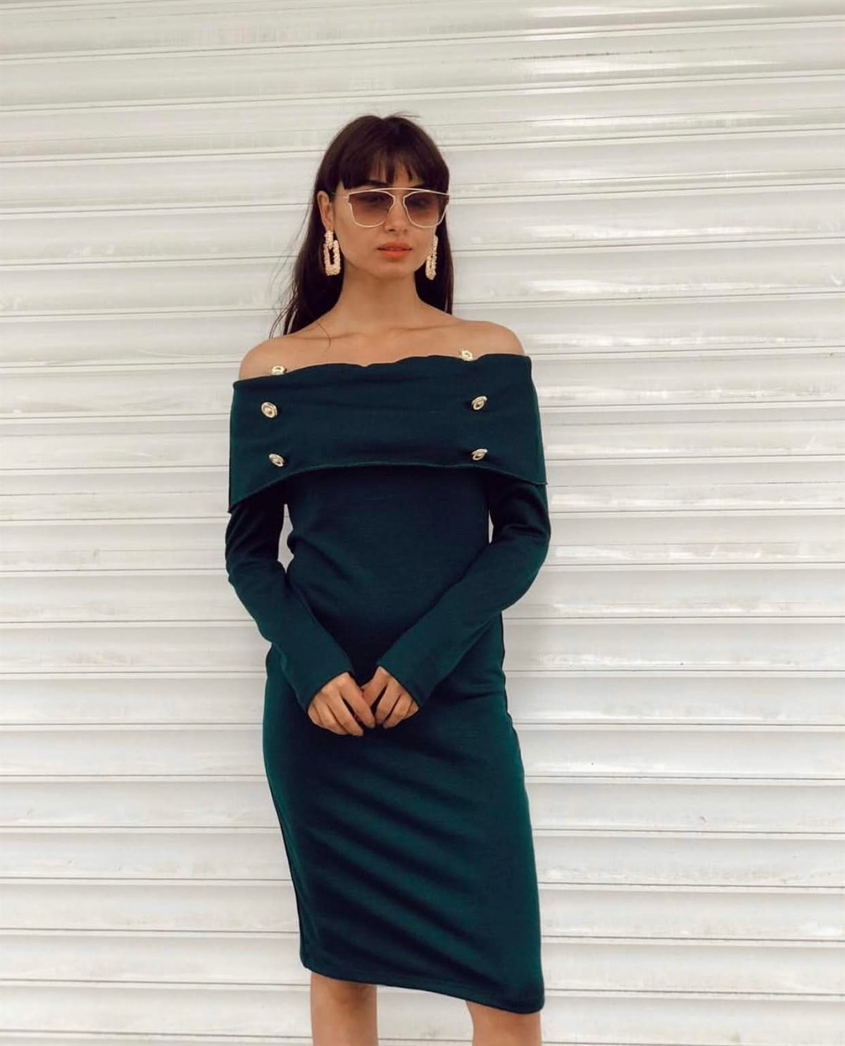 Madonna Yaka Düğme Detay Triko Kalem Elbise - Petrol Yeşili