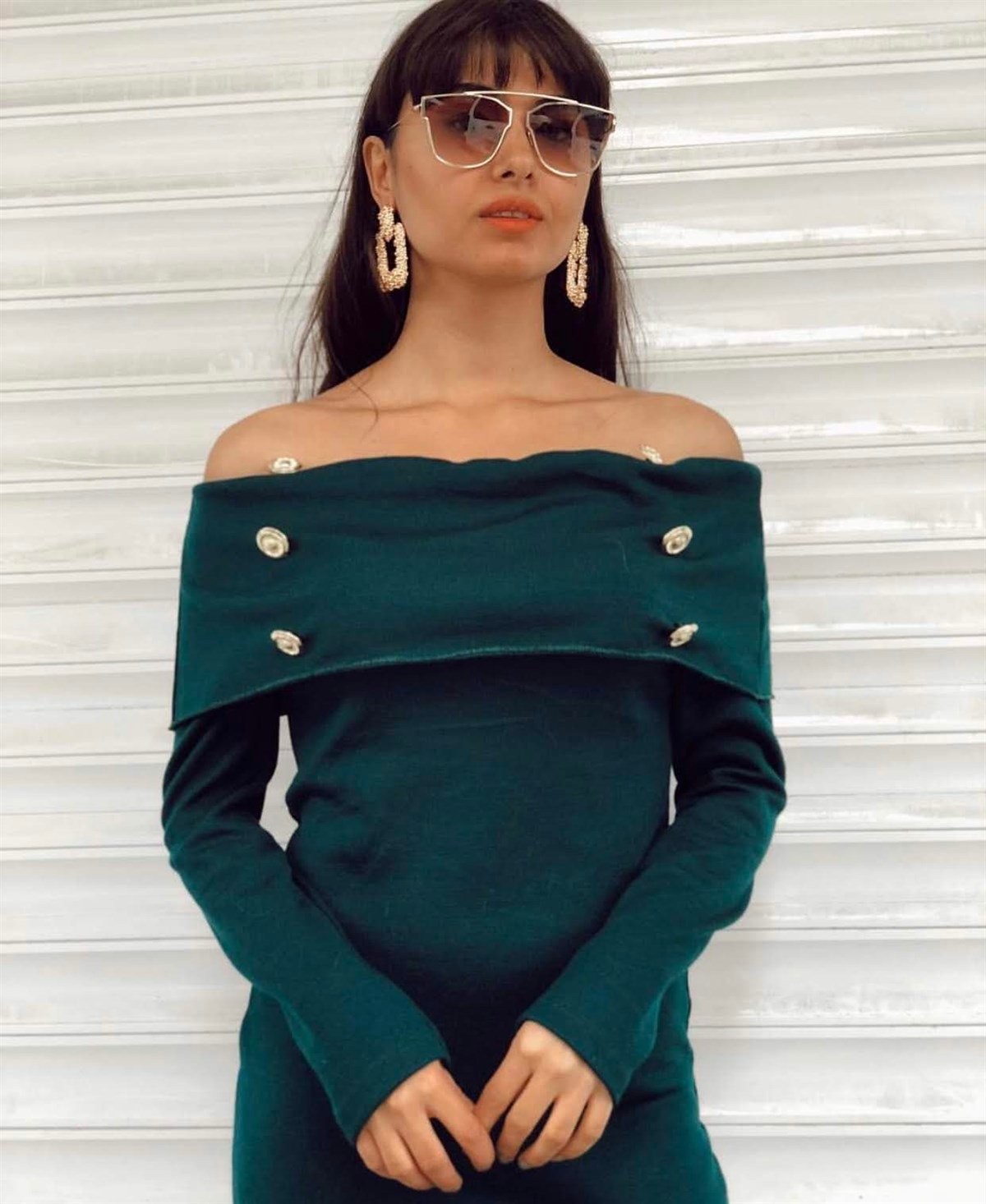 Madonna Yaka Düğme Detay Triko Kalem Elbise - Petrol Yeşili