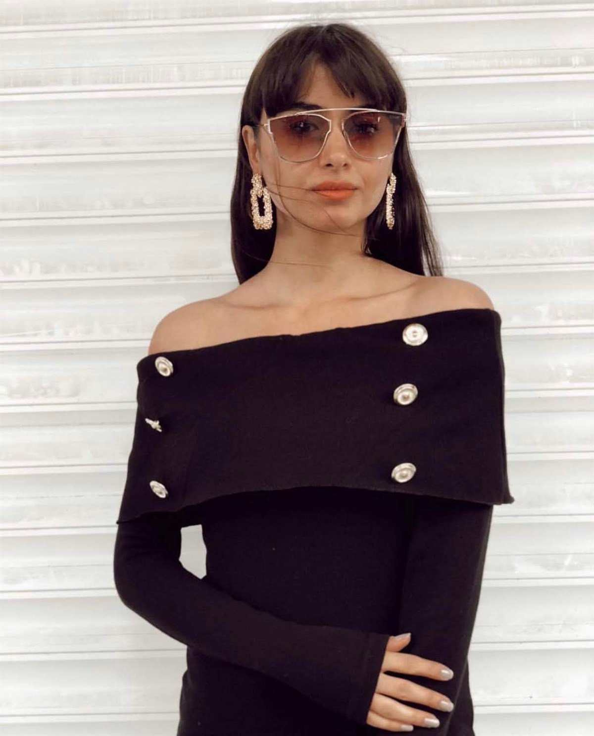 Madonna Yaka Düğme Detay Triko Kalem Elbise - Siyah