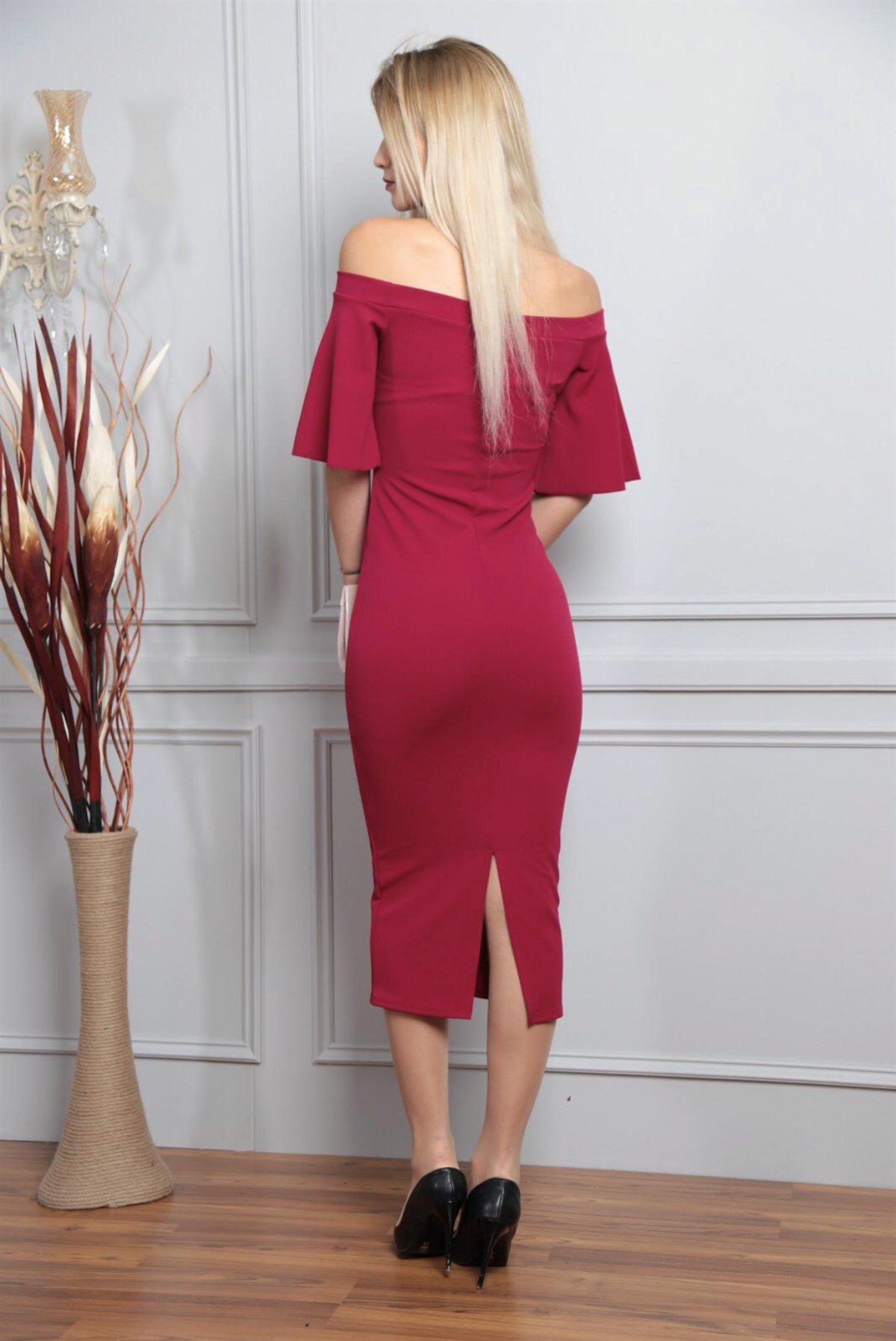 Madonna Yaka Kalem Elbise - Kırmızı