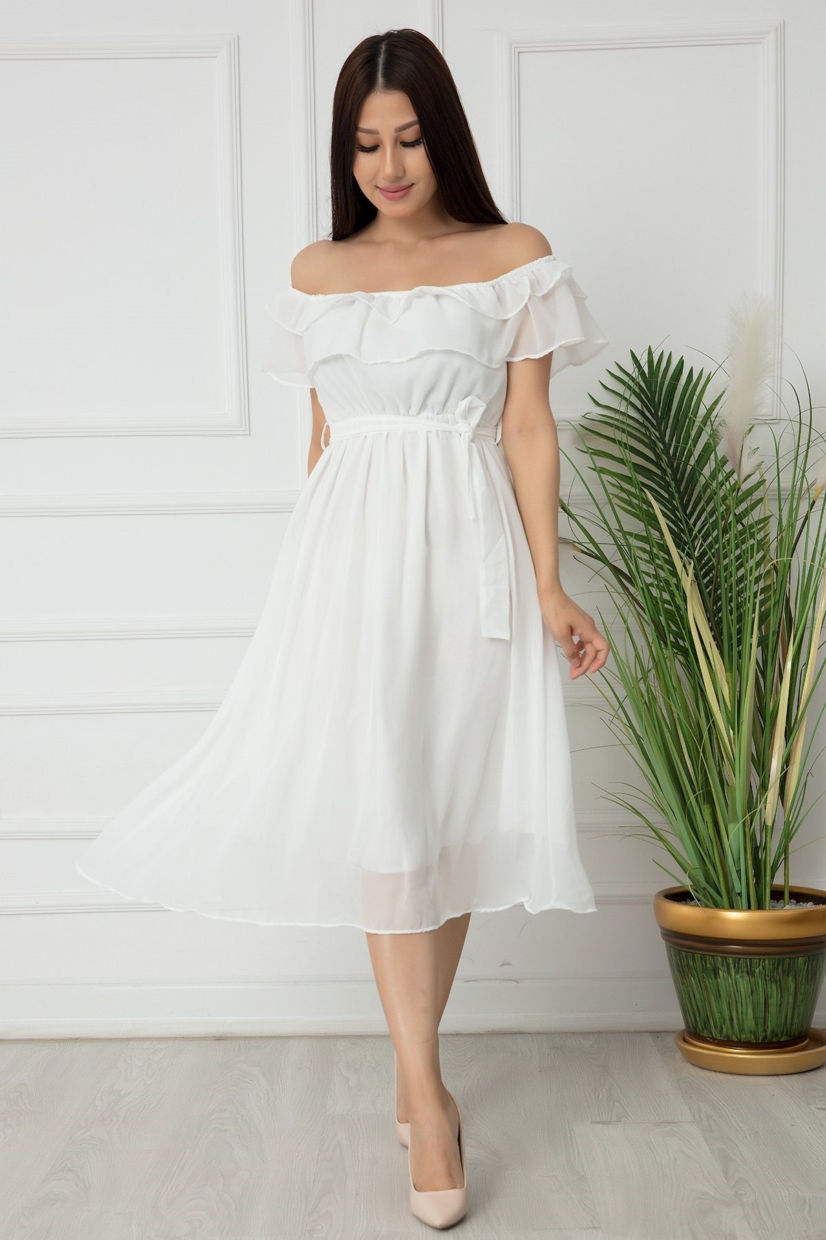 Madonna Yaka Kemerli Şifon Elbise - BEYAZ