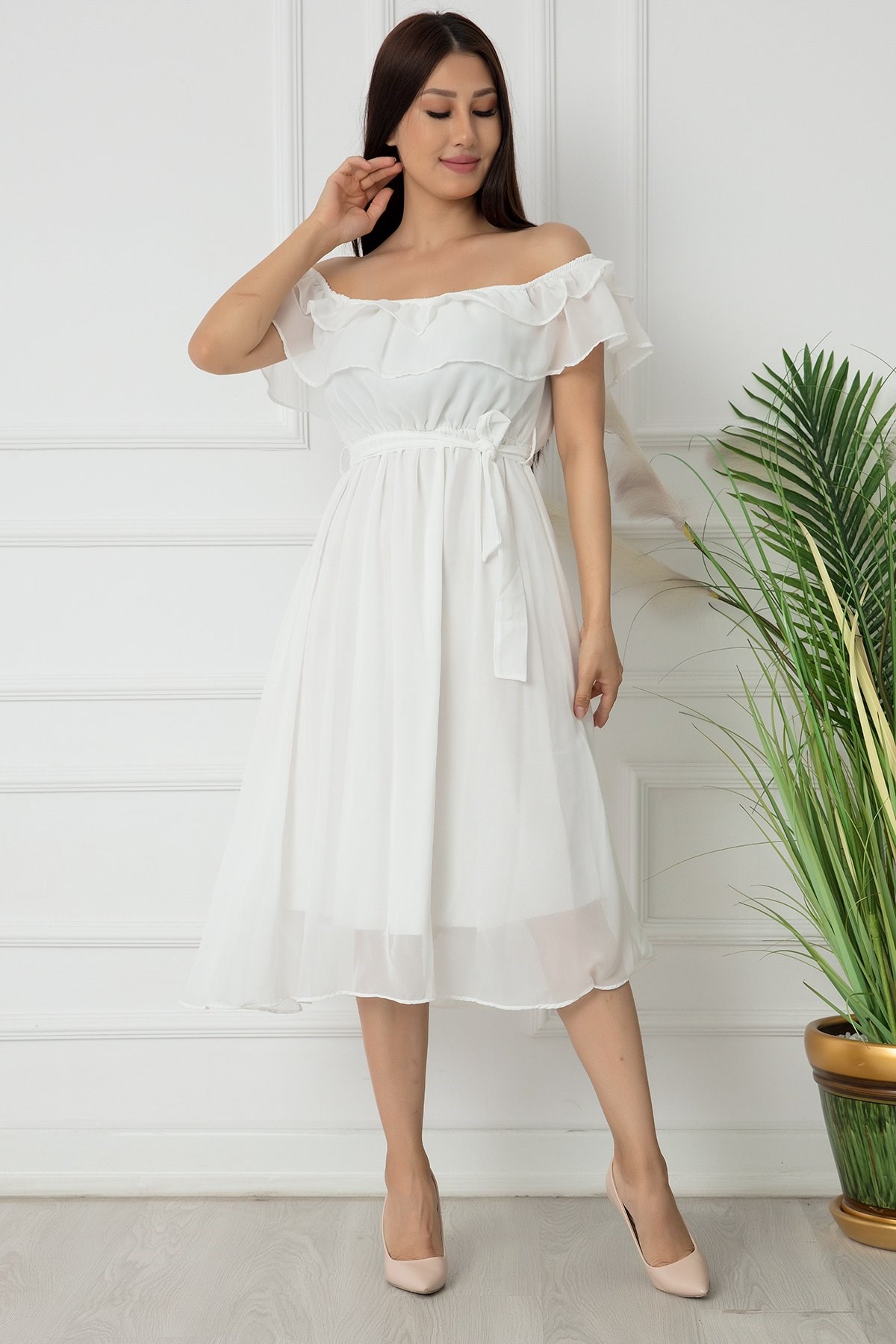 Madonna Yaka Kemerli Şifon Elbise - BEYAZ