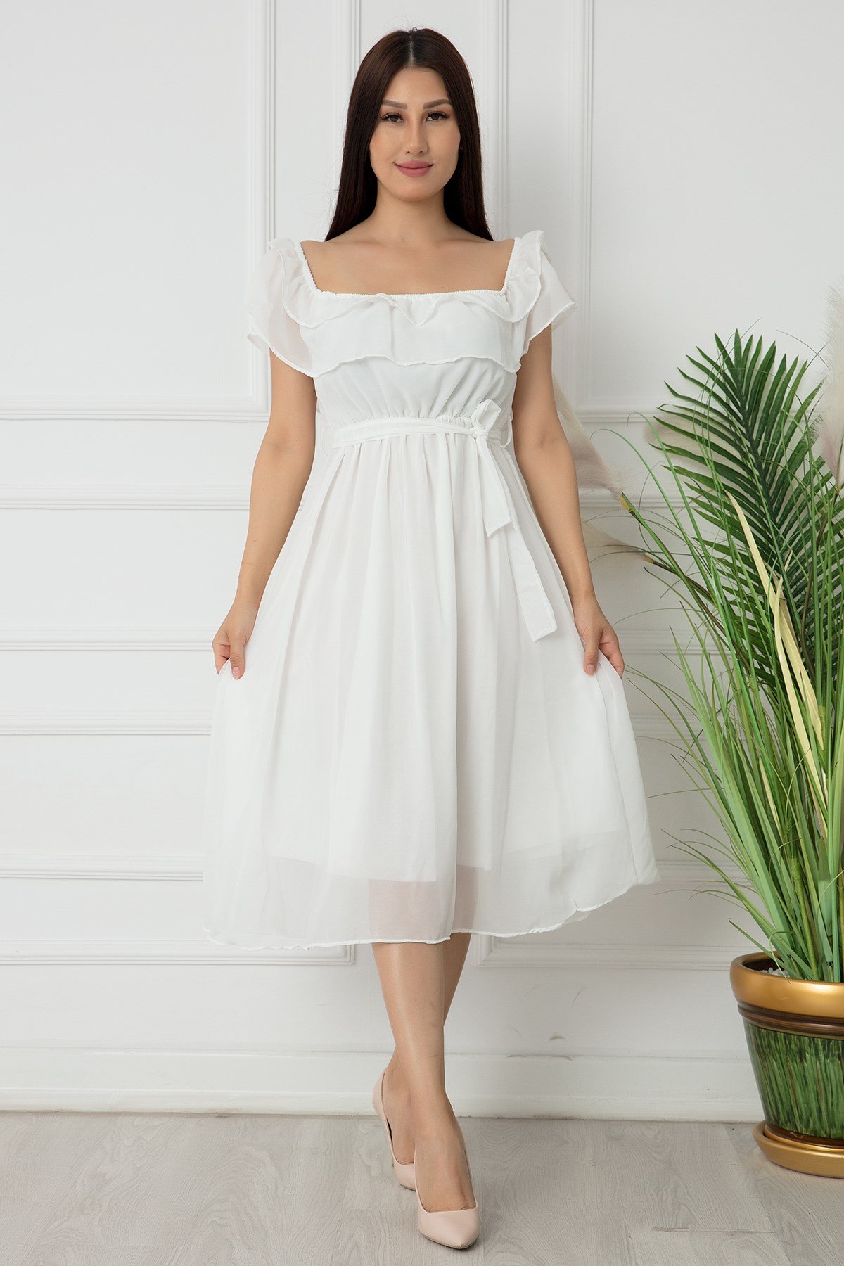 Madonna Yaka Kemerli Şifon Elbise - BEYAZ