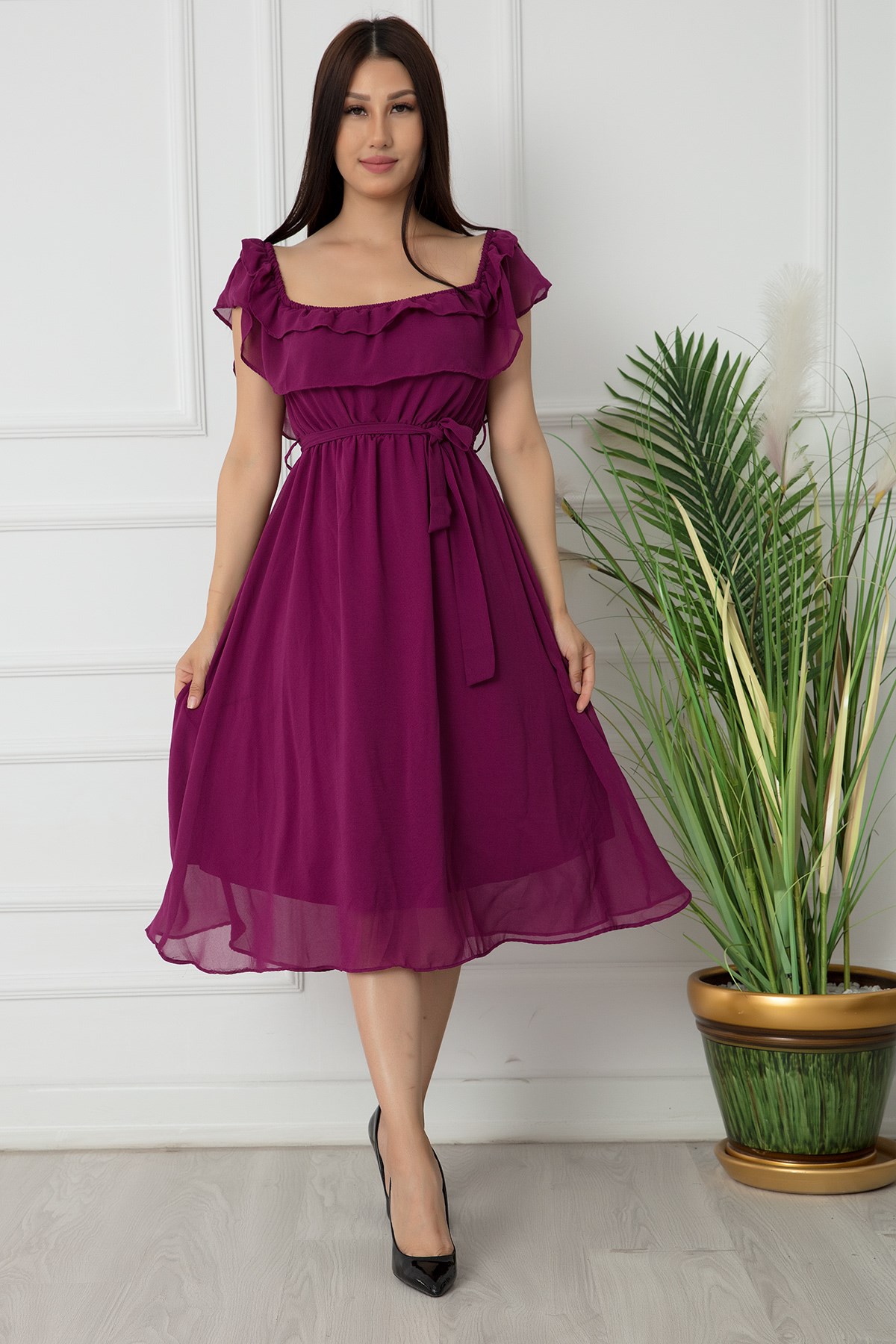 Madonna Yaka Kemerli Şifon Elbise - MÜRDÜM