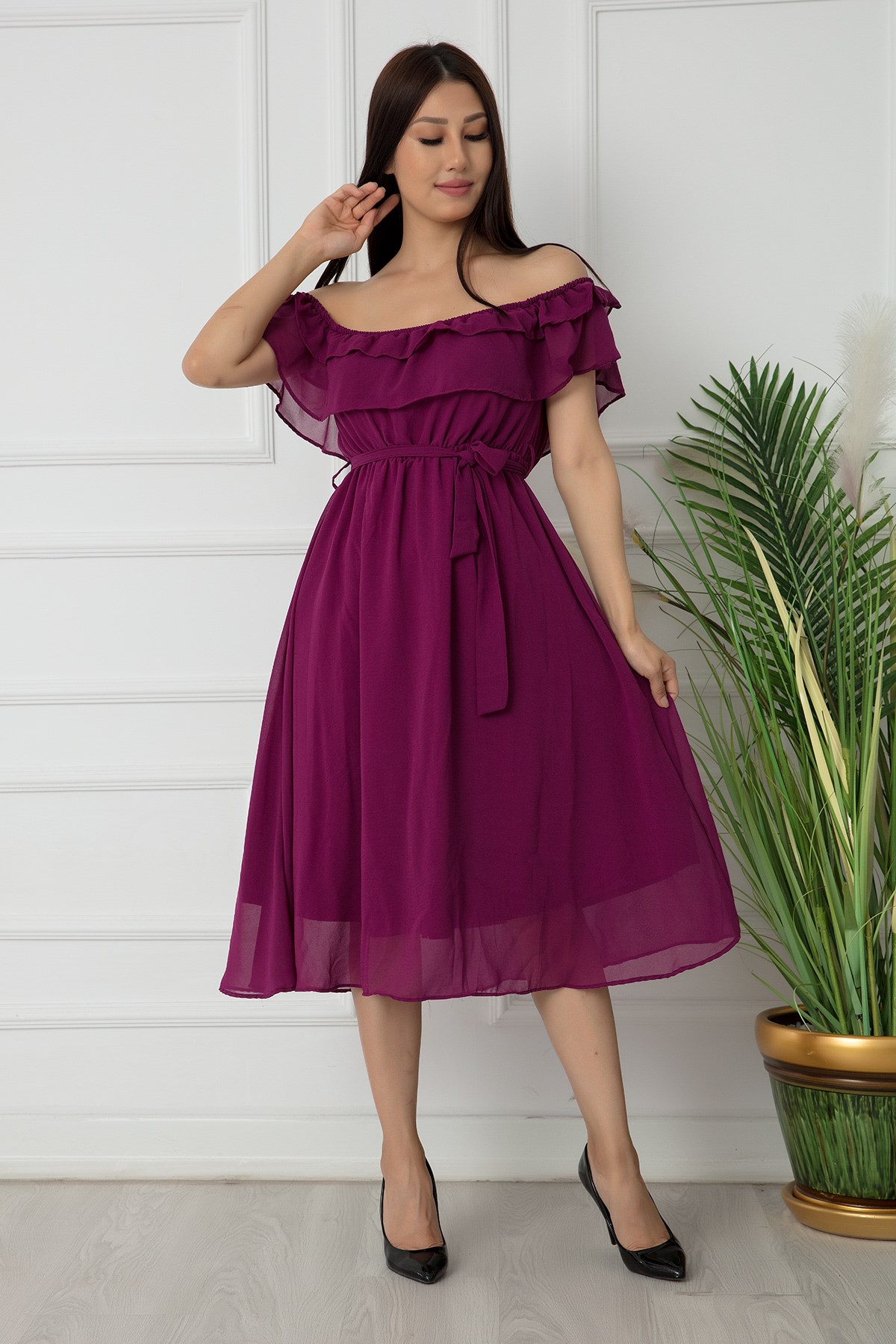 Madonna Yaka Kemerli Şifon Elbise - MÜRDÜM