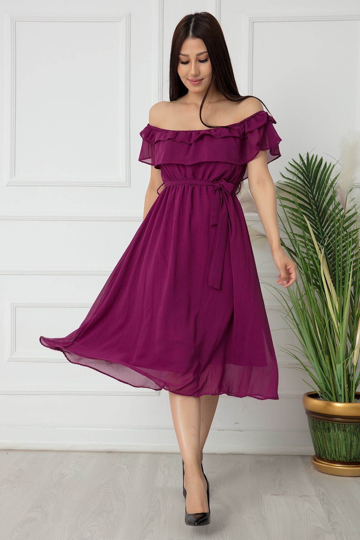 Madonna Yaka Kemerli Şifon Elbise - MÜRDÜM