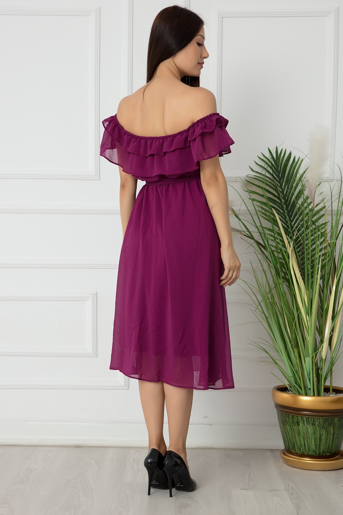 Madonna Yaka Kemerli Şifon Elbise - MÜRDÜM