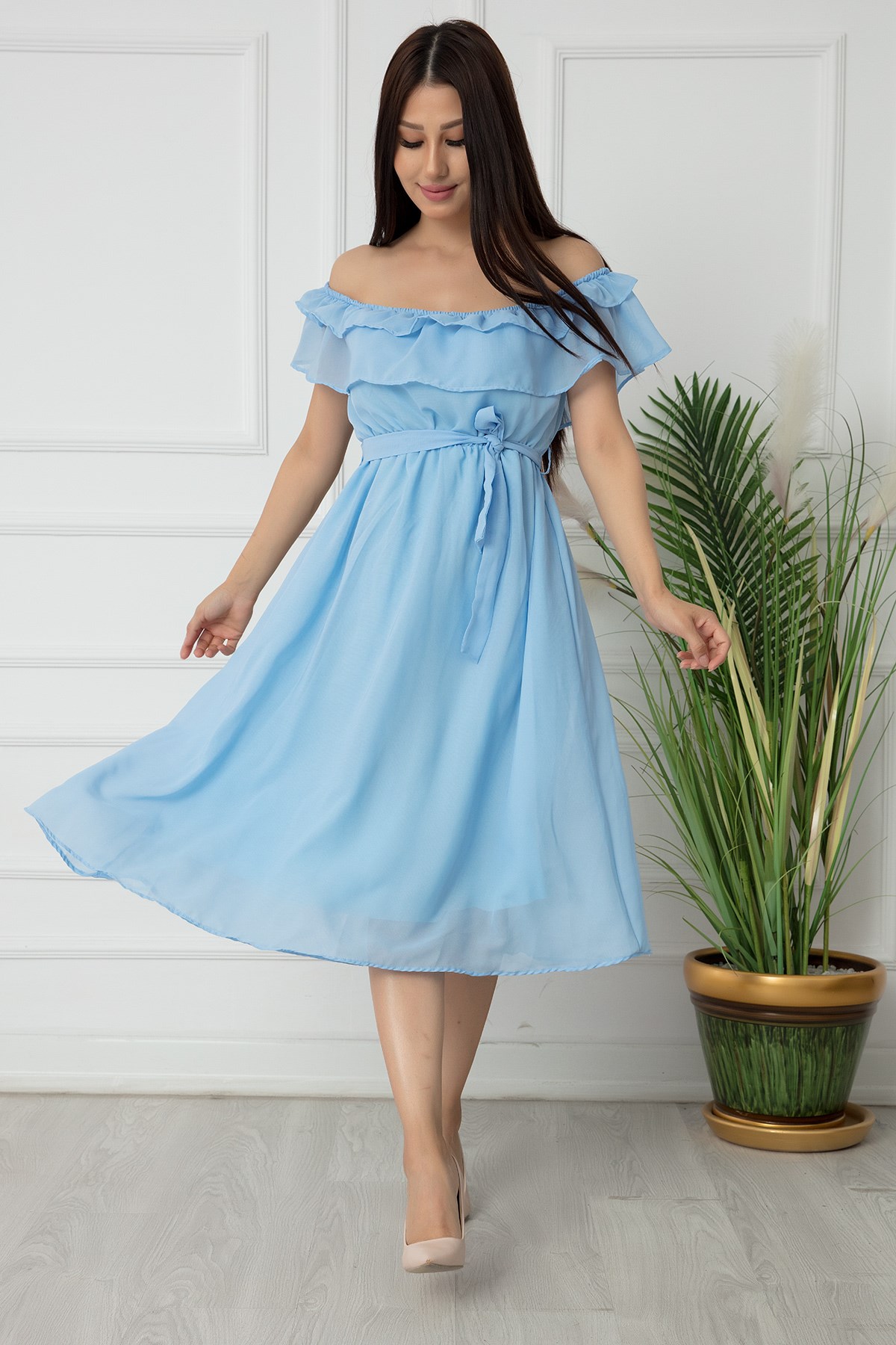 Madonna Yaka Şifon Midi Boy Elbise - BEBEMAVİ