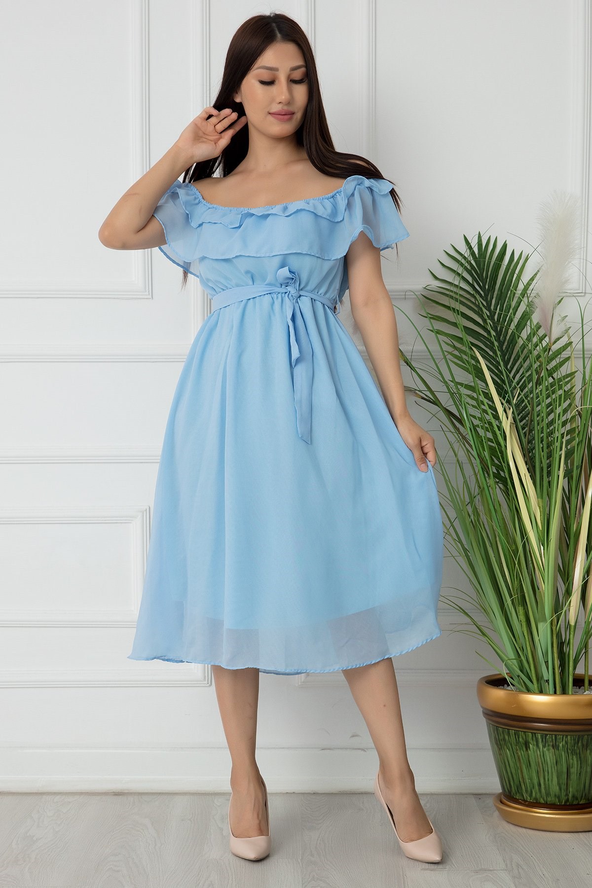 Madonna Yaka Şifon Midi Boy Elbise - BEBEMAVİ