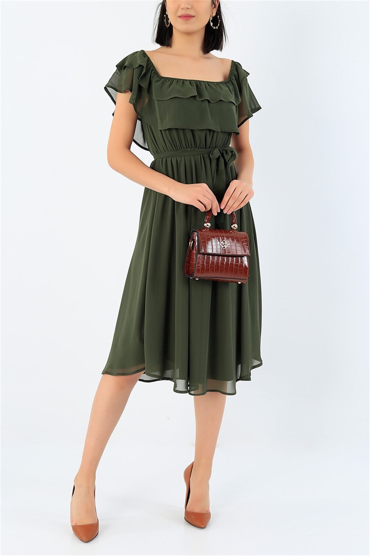 Madonna Yaka Şifon Midi Boy Elbise - HAKİ YEŞİL