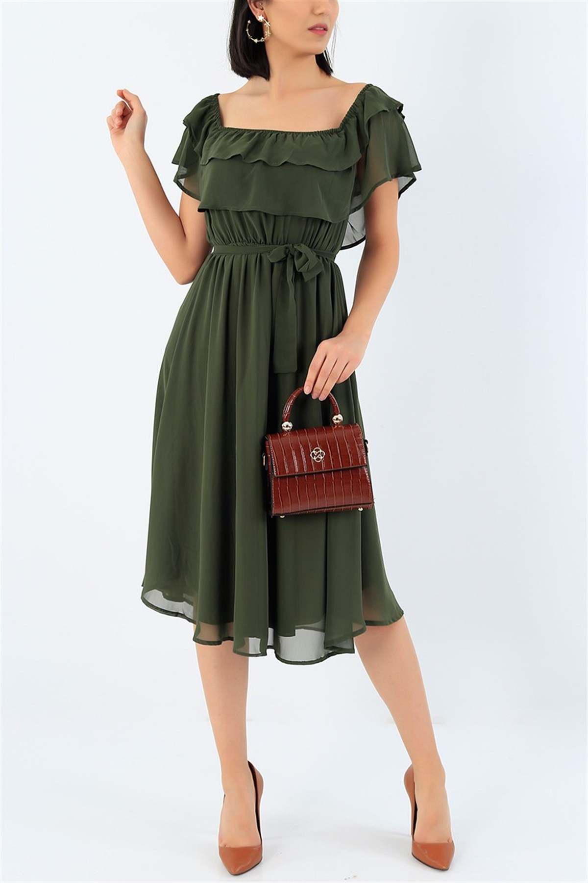 Madonna Yaka Şifon Midi Boy Elbise - HAKİ YEŞİL