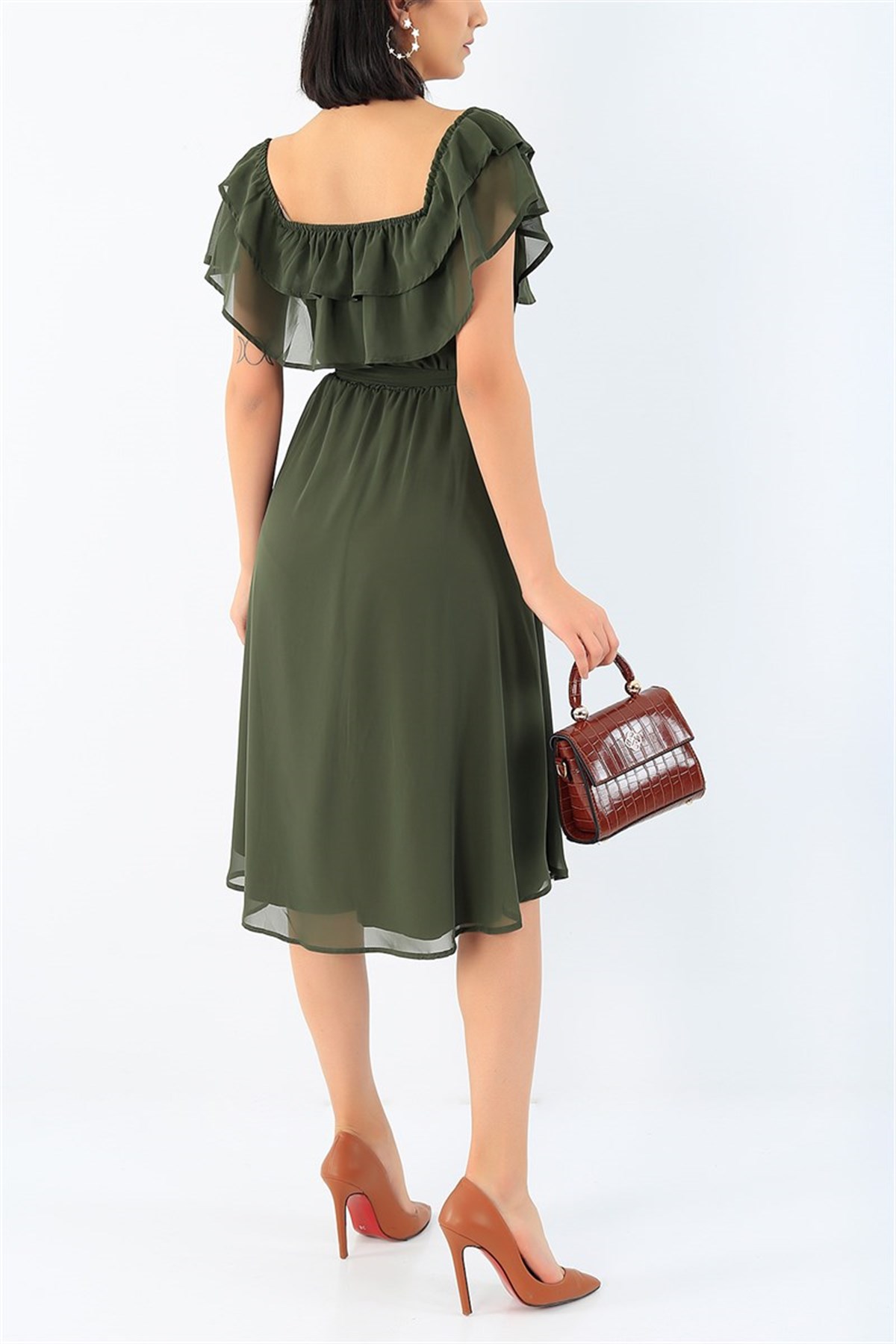 Madonna Yaka Şifon Midi Boy Elbise - HAKİ YEŞİL