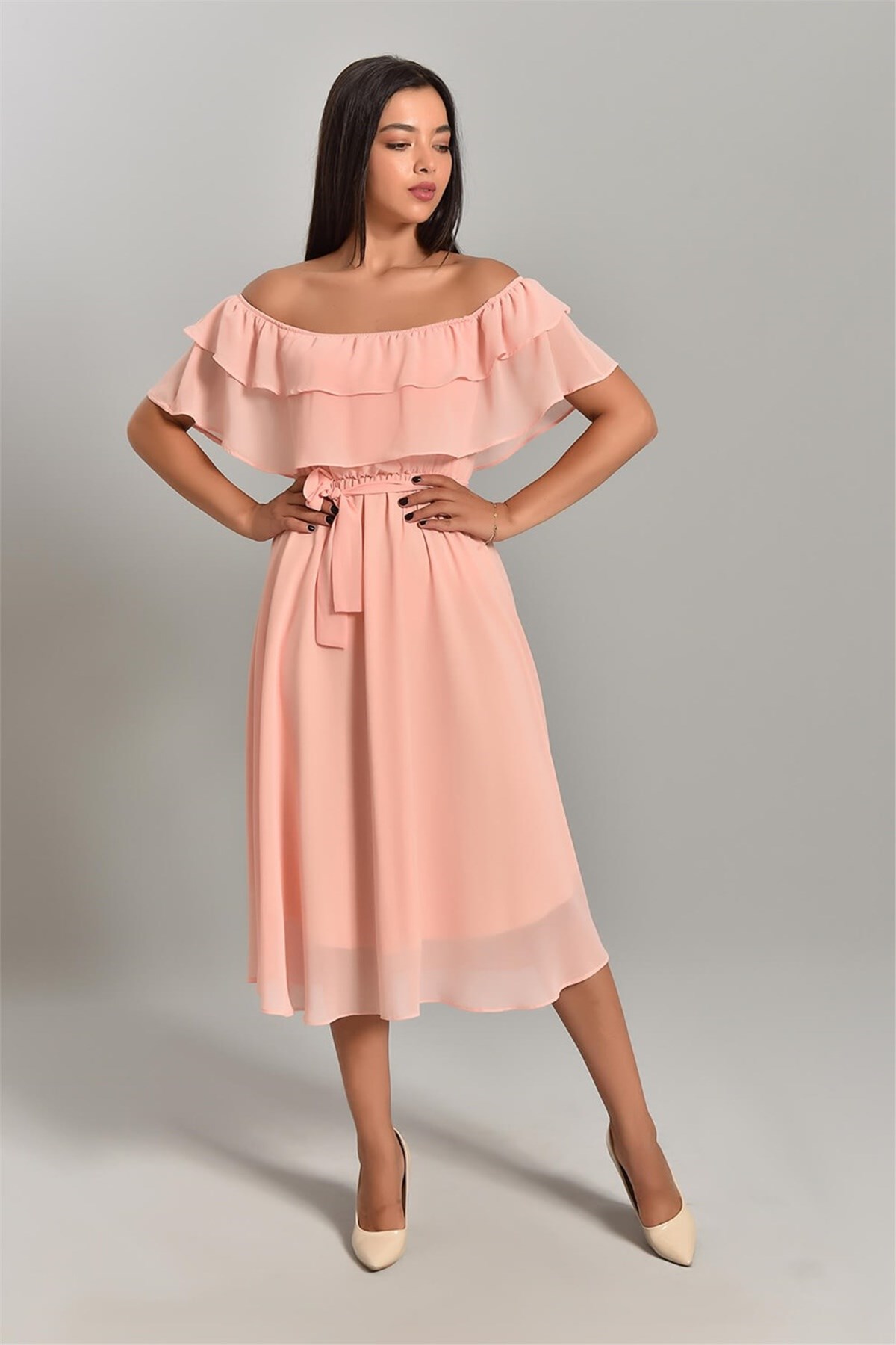 Madonna Yaka Şifon Midi Boy Elbise - PUDRA