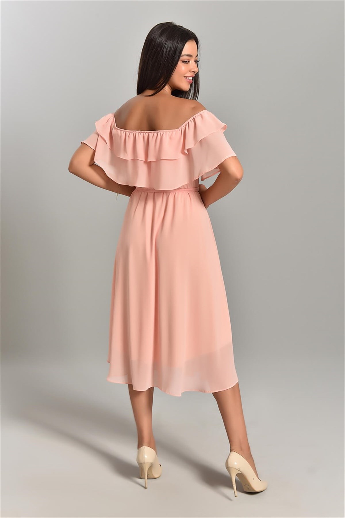 Madonna Yaka Şifon Midi Boy Elbise - PUDRA