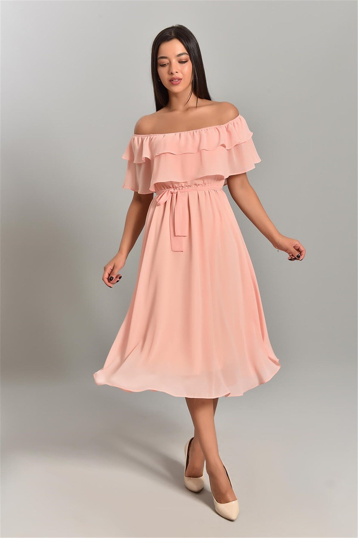 Madonna Yaka Şifon Midi Boy Elbise - PUDRA