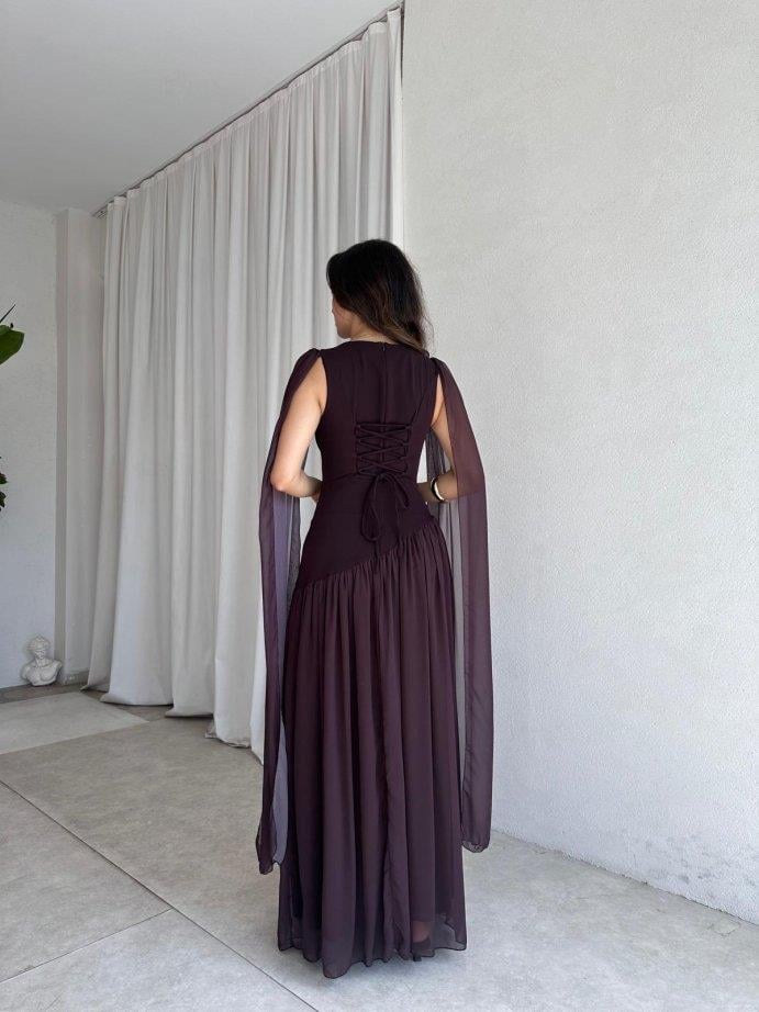 Maxi Boy Şifon Kumaş Pelerinli Erek Kısmı Pilili Abiye Elbise - ACI KAHVERENGİ 