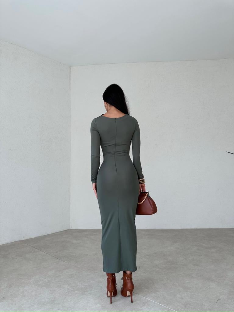 Midi Boy Uzun Kollu Büzgülü Streç Form Elbise - HAKİ YEŞİL