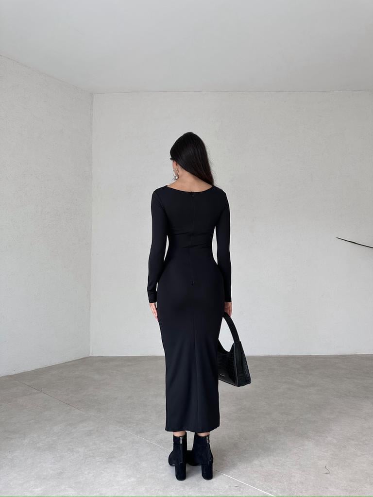 Midi Boy Uzun Kollu Büzgülü Streç Form Elbise - SİYAH
