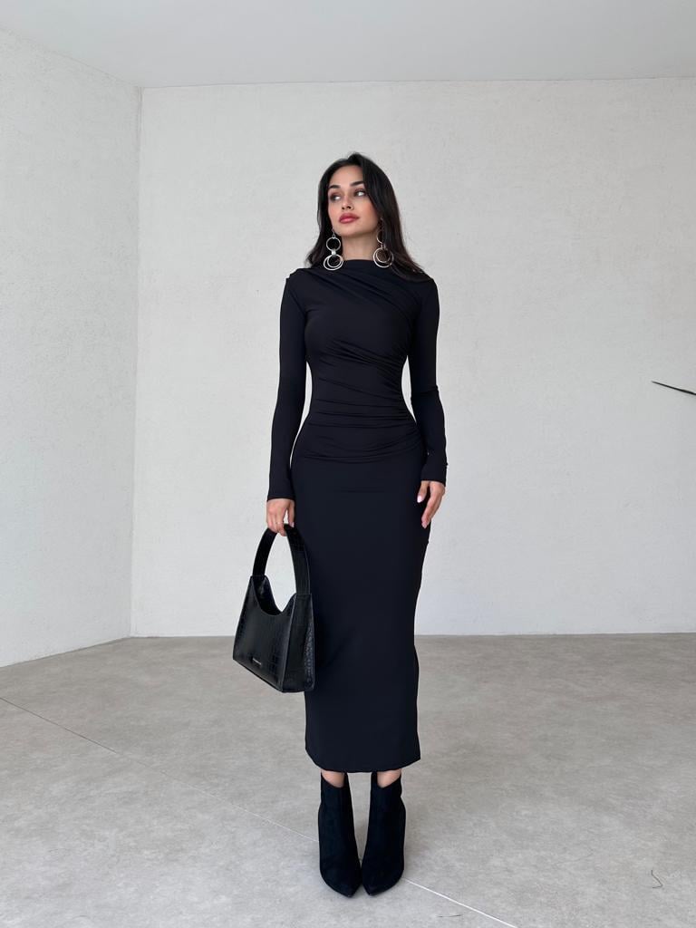 Midi Boy Uzun Kollu Büzgülü Streç Form Elbise - SİYAH