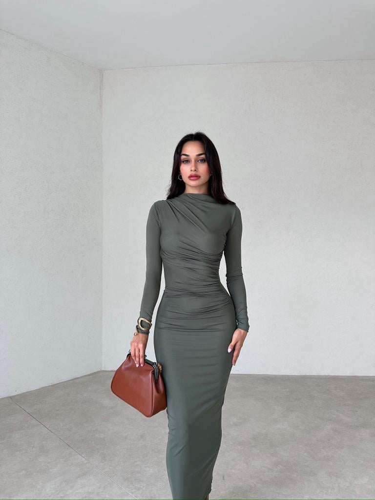 Midi Boy Uzun Kollu Büzgülü Streç Form Elbise - HAKİ YEŞİL
