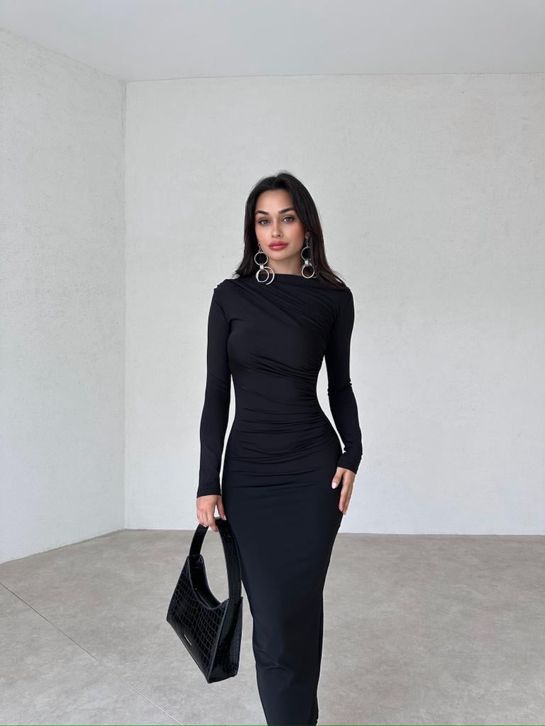 Midi Boy Uzun Kollu Büzgülü Streç Form Elbise - SİYAH