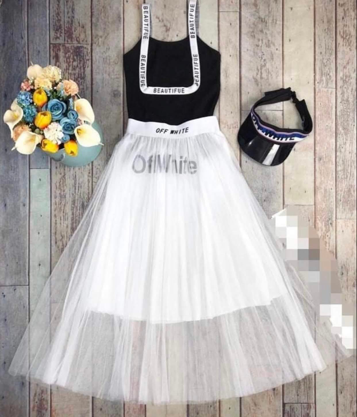 OFF WHITE Yazılı Askılı Siyah Bluz Astarlı Beyaz Midi Boy Tül Etek İkili Takım