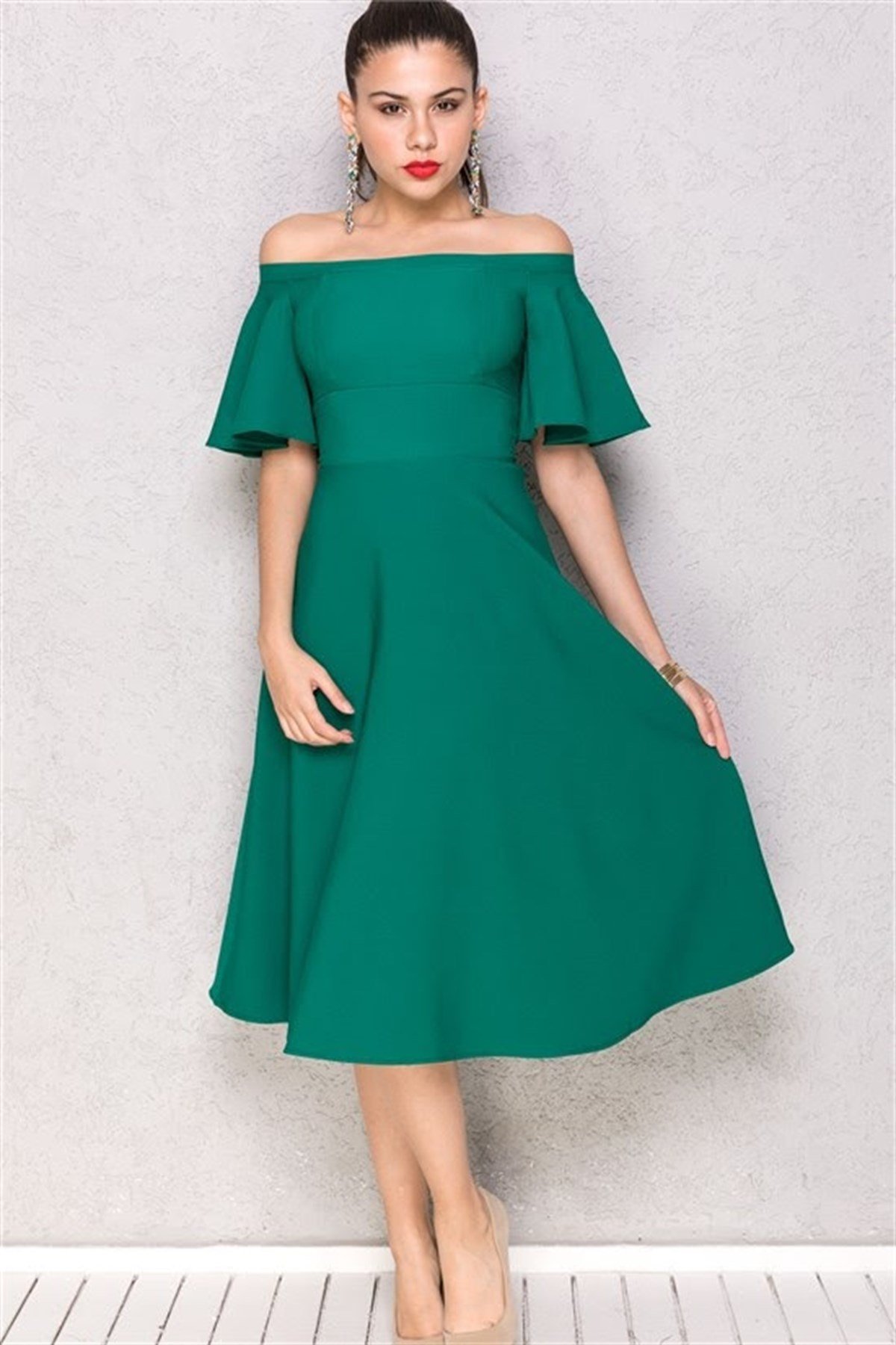 Omuz Dekolteli Midi Boy Elbise - YEŞİL