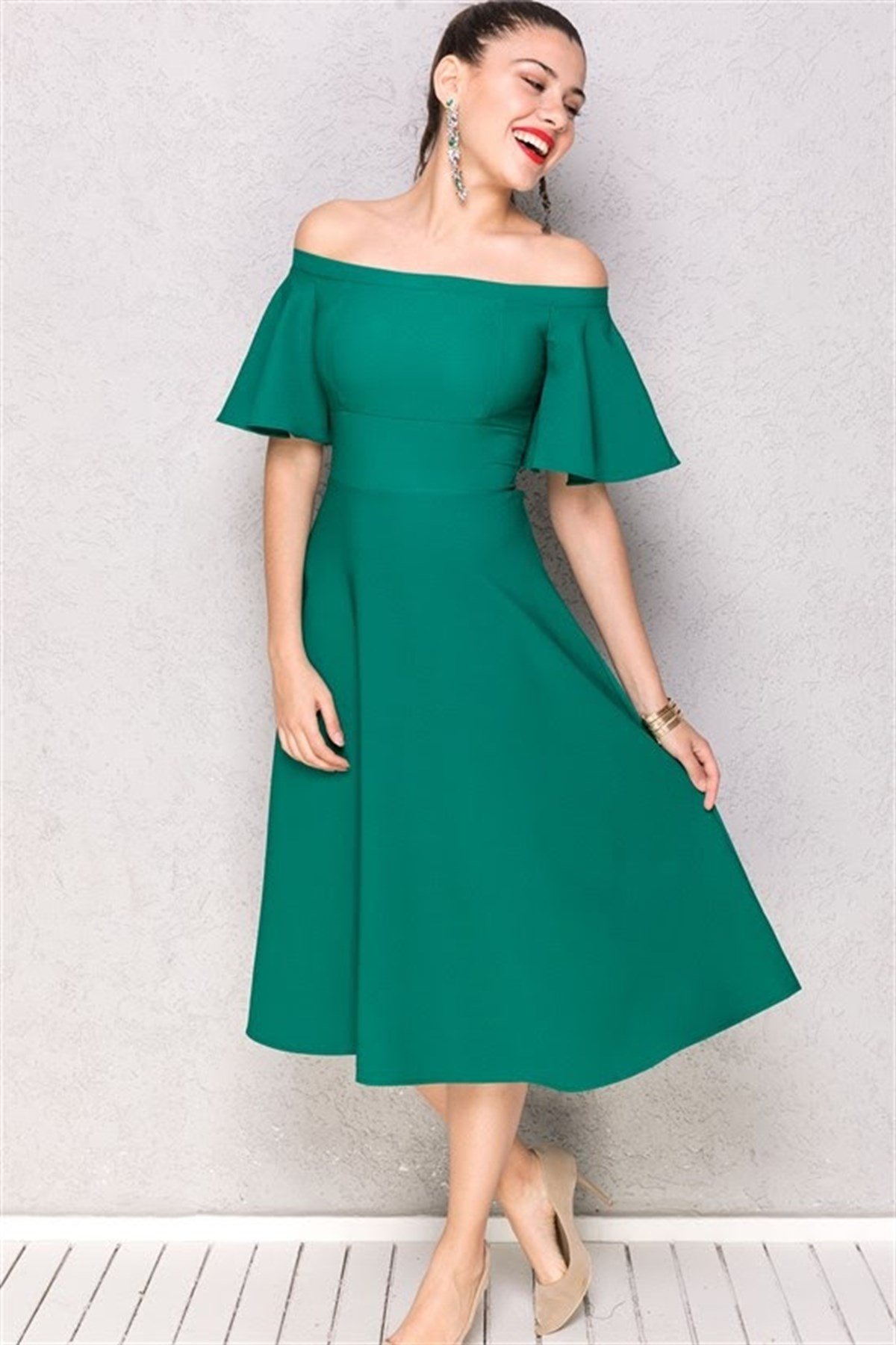 Omuz Dekolteli Midi Boy Elbise - YEŞİL