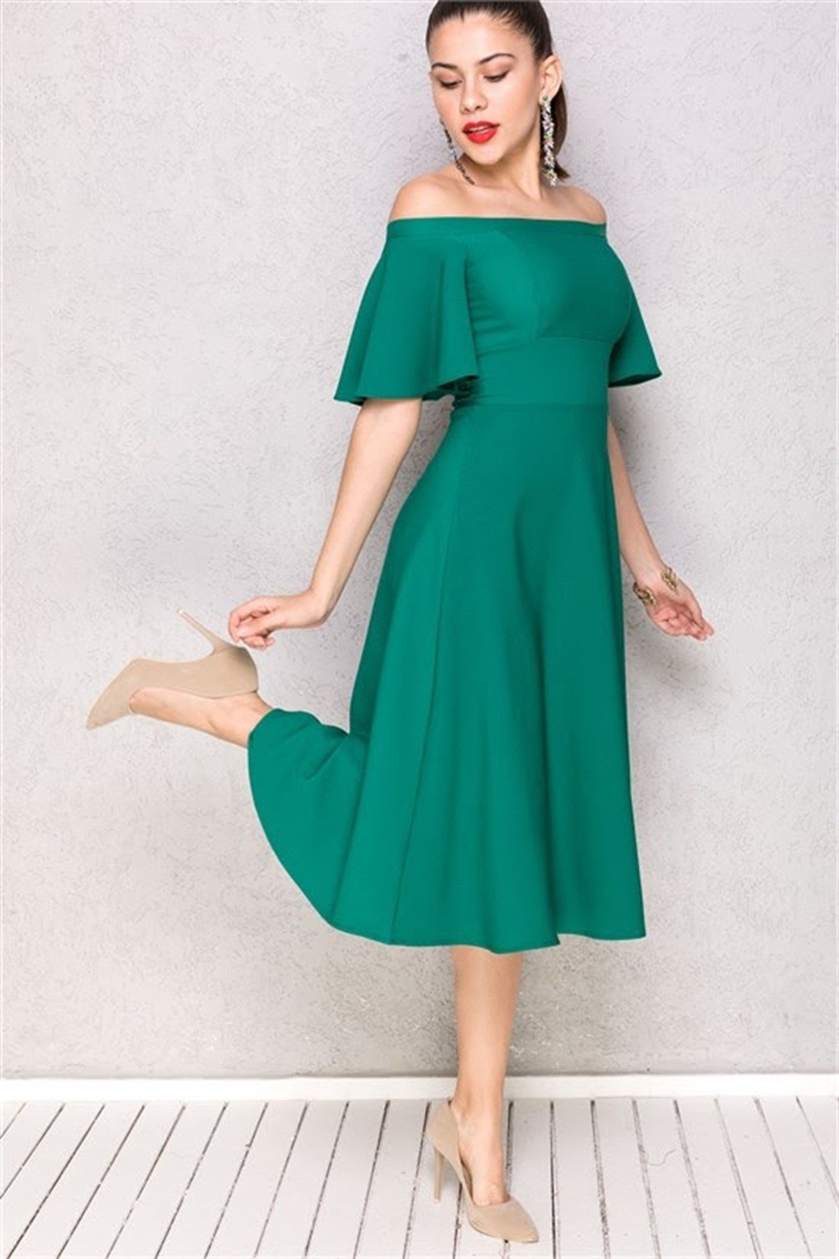 Omuz Dekolteli Midi Boy Elbise - YEŞİL