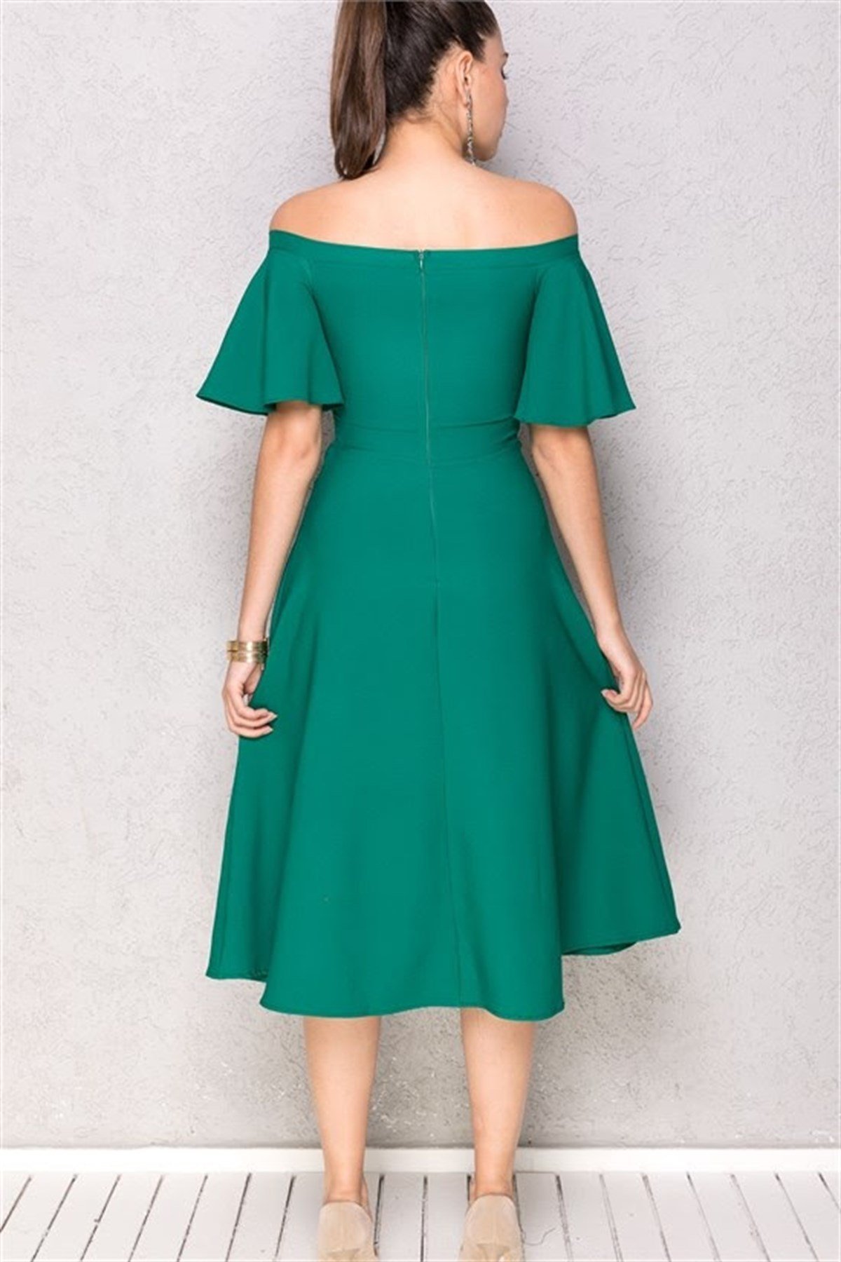 Omuz Dekolteli Midi Boy Elbise - YEŞİL
