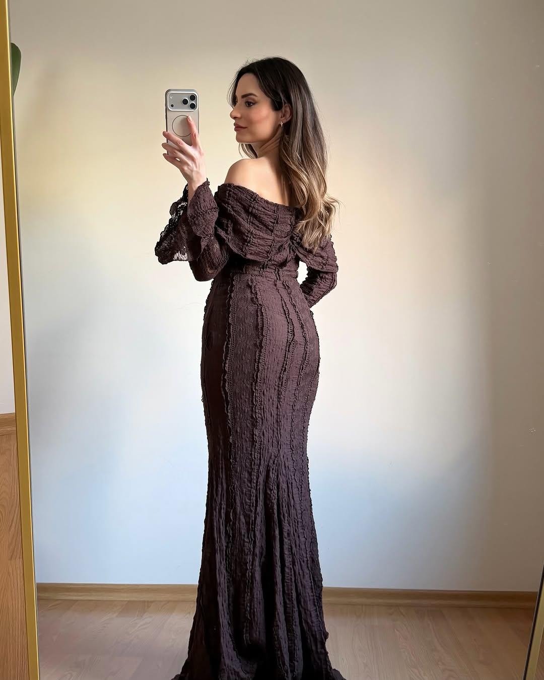 Omuz Dekolteli Uzun Abiye Elbise – Kahverengi