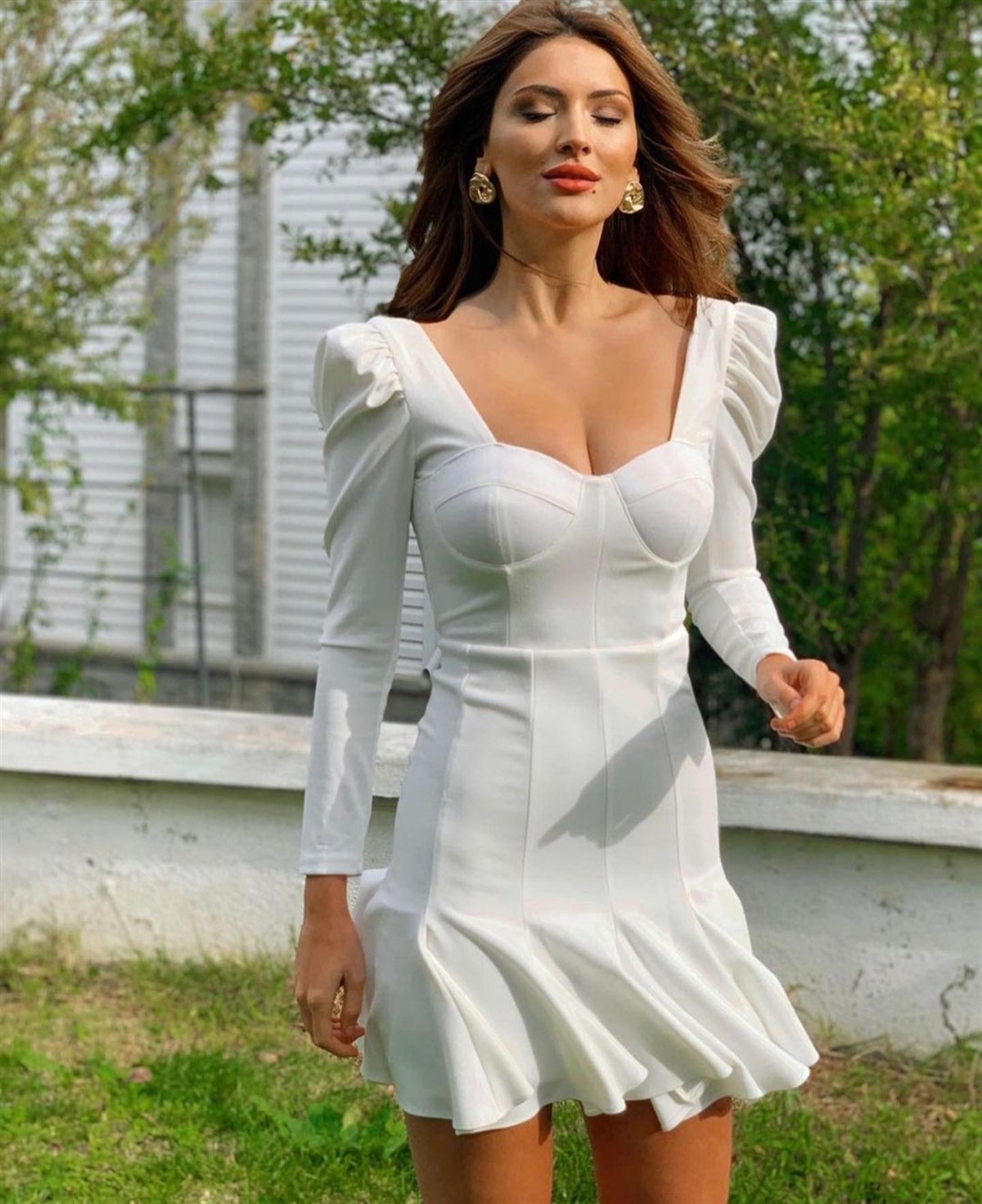 Omuz Detay Gloplu Elbise - BEYAZ