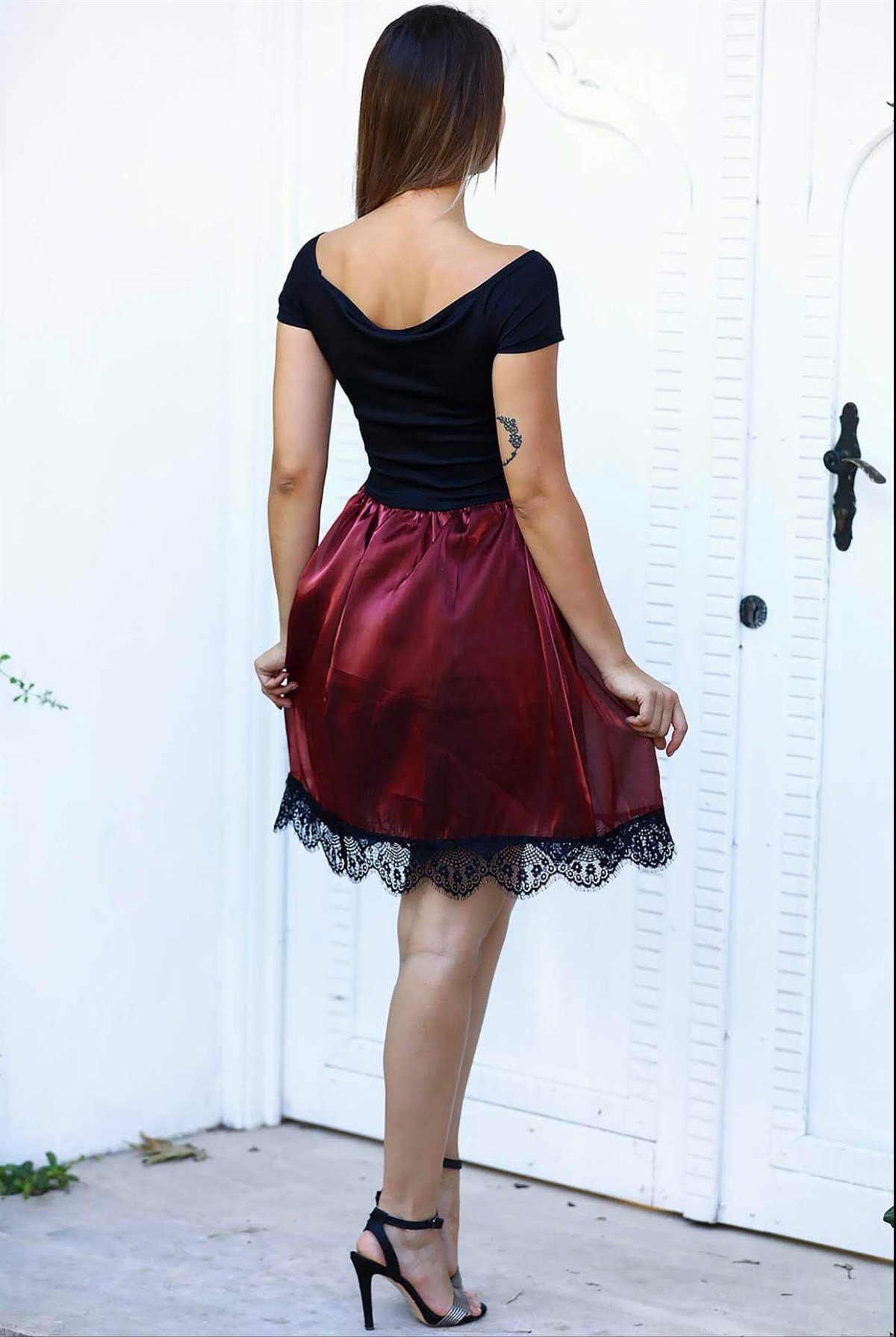 Omuz Detay Saten Etekli Kiloş Elbise - Bordo 