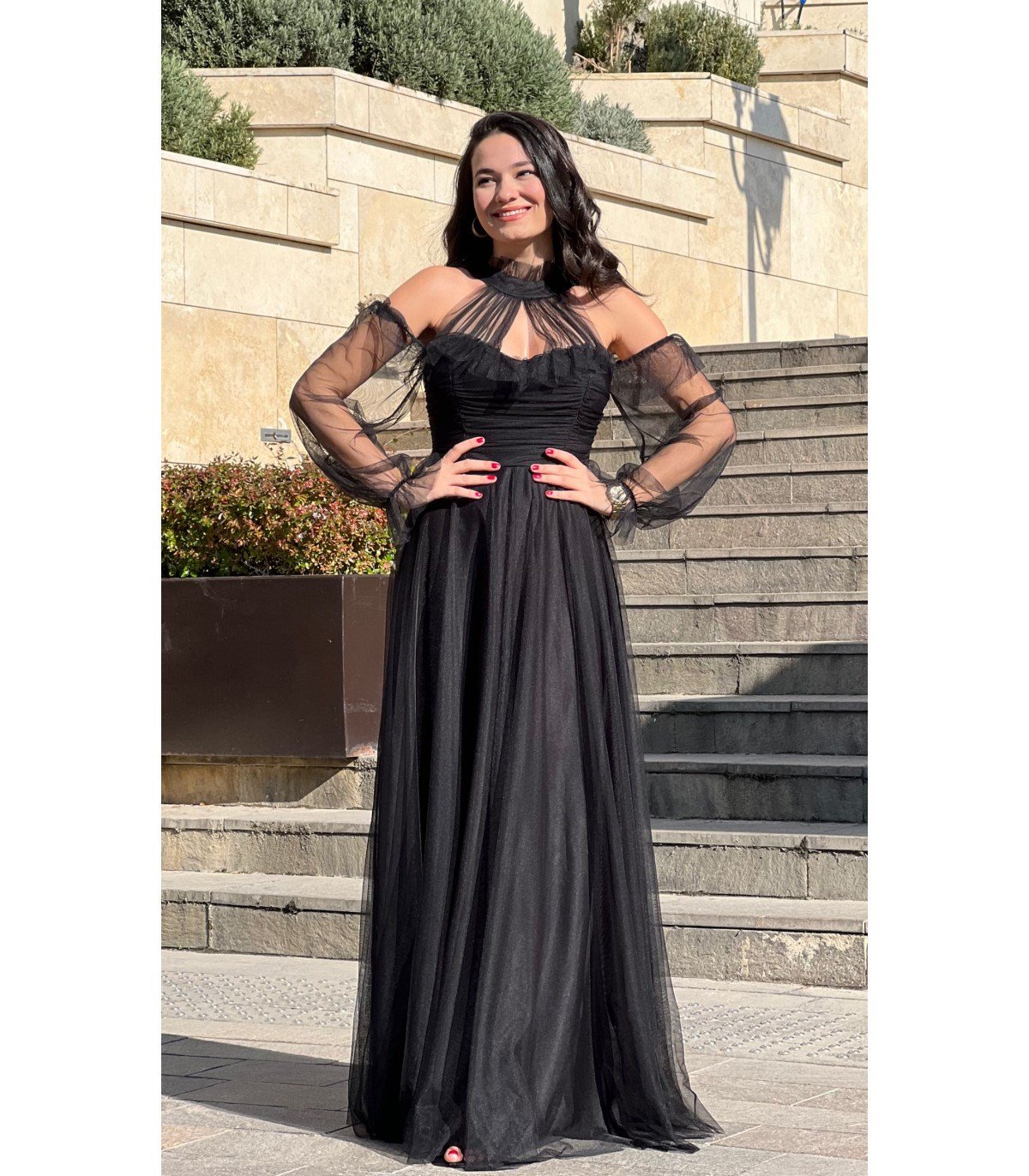 Omuz Detay Uzun Tül Tasarım Abiye - SİYAH