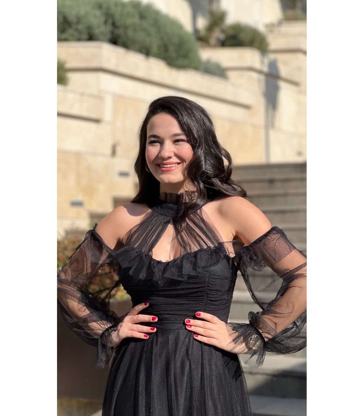 Omuz Detay Uzun Tül Tasarım Abiye - SİYAH